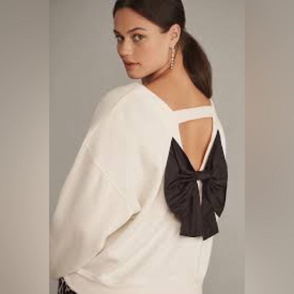 ANTHROPOLOGIE 🎀 Maeve Bow-Back Sweatshirt, Ivory w/ Black Bow, 3X,NWT,SOLD OUT! - Picture 2 of 7